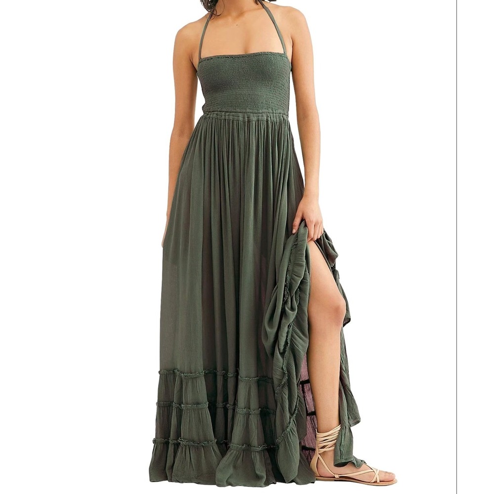 Maxi Dress Smocked Backless Tiered Medium Olive Green Boho Flowy Resort Cottage